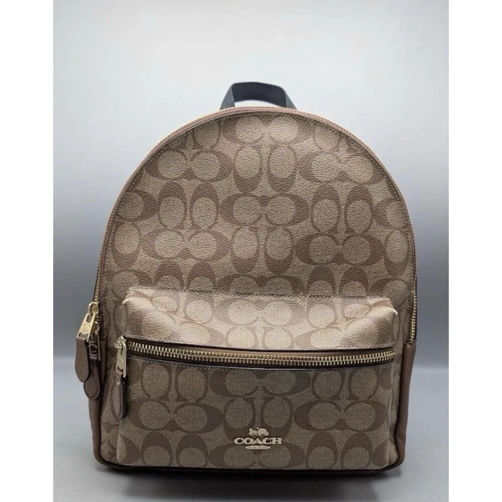 Coach Signature Brown Beige Logo Backpack Zip Closure Inner Outer Pockets
